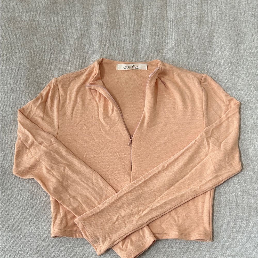 OOTDFash Peach cropped Half-Zip Long Sleeve Top